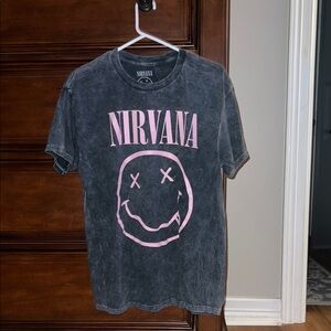 NIRVANA Washed Dark Gray Tee with Pink Smiley